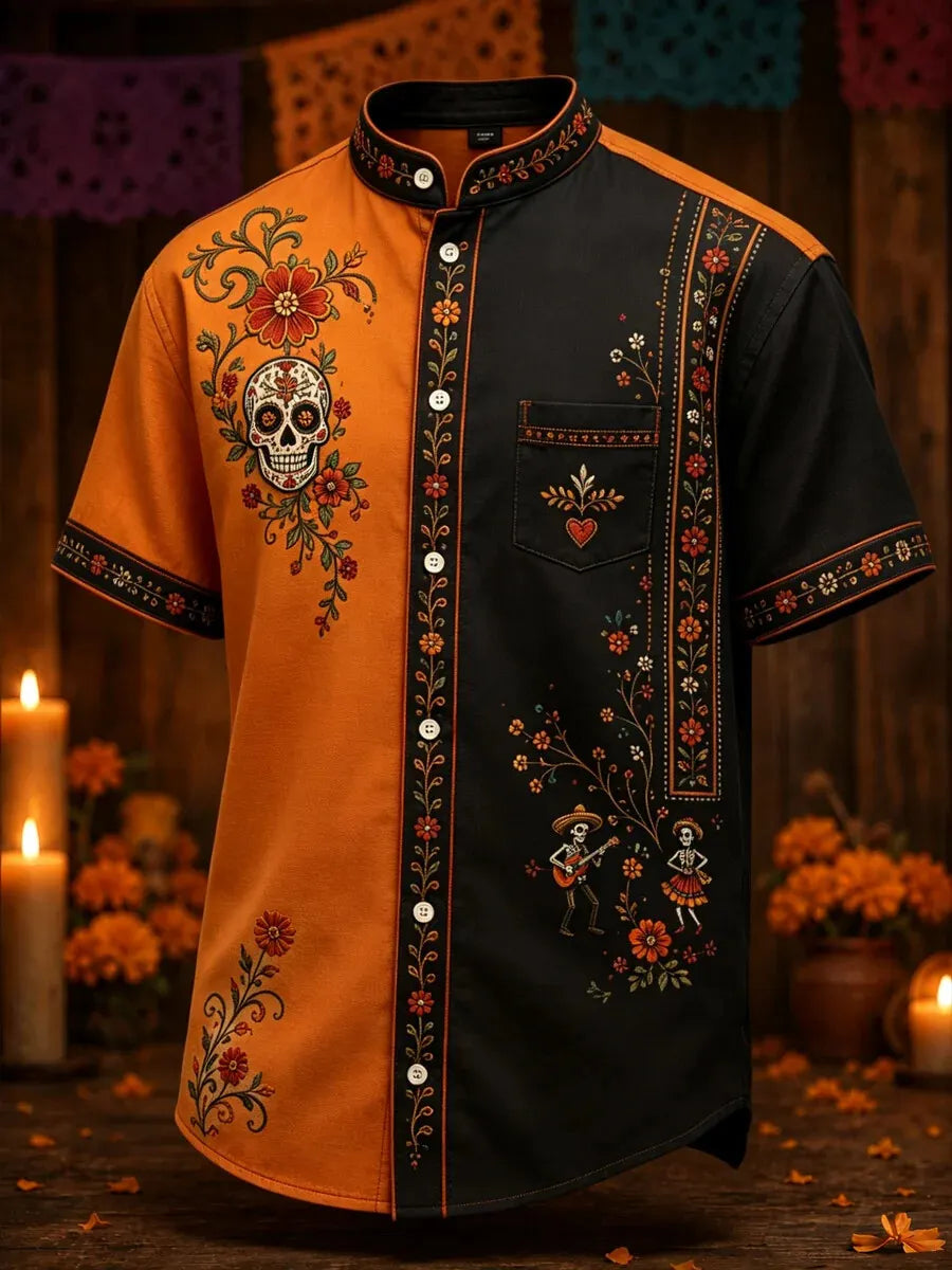 Men's Day Of The Dead Print Stand Collar Short Sleeve Shirt