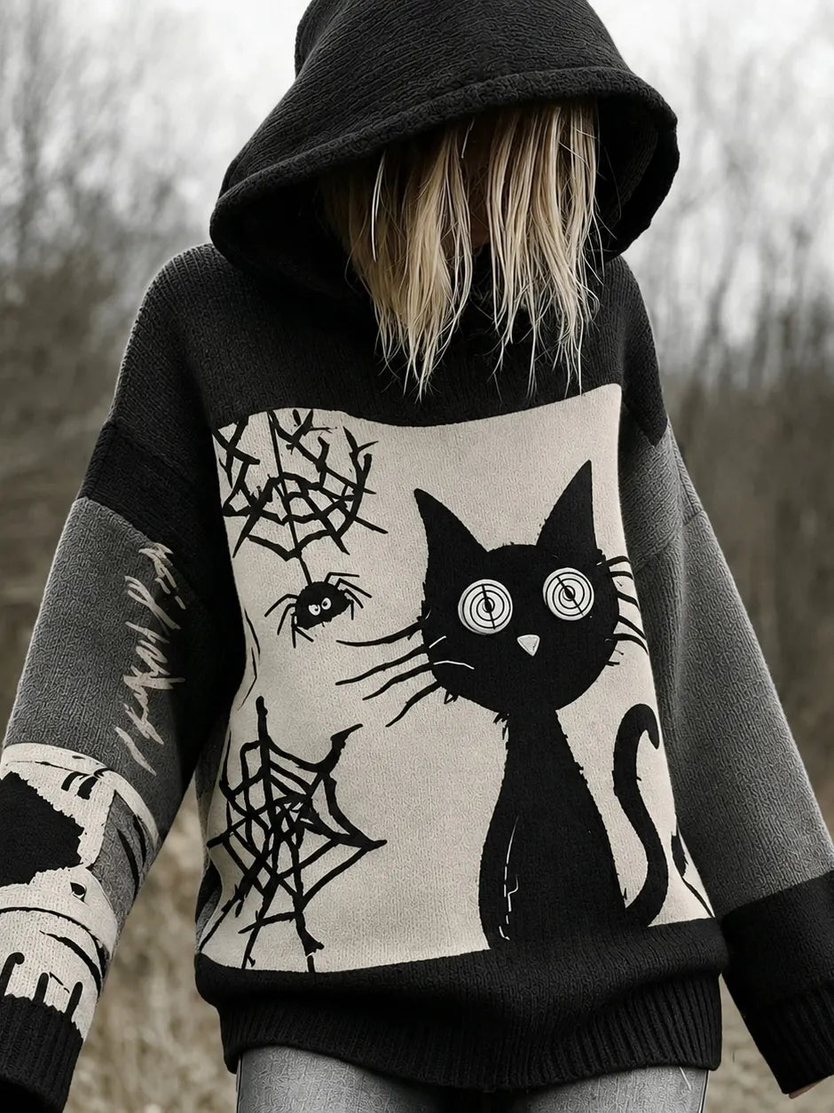 Halloween Scared Black Cat Patchwork Stitched Cozy Knit Hooded