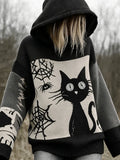 Halloween Scared Black Cat Patchwork Stitched Cozy Knit Hooded