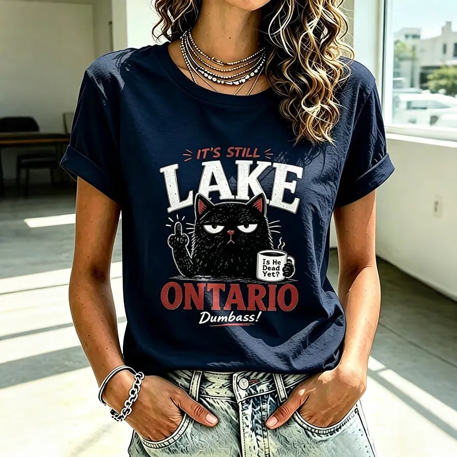 Women's Retro Lake Ontario Cat Art Print Crew Neck Short Sleeve T-shirt