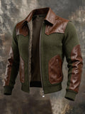 Men's Retro Leather-Panel Zip-Up Jacket with Lapel Collar