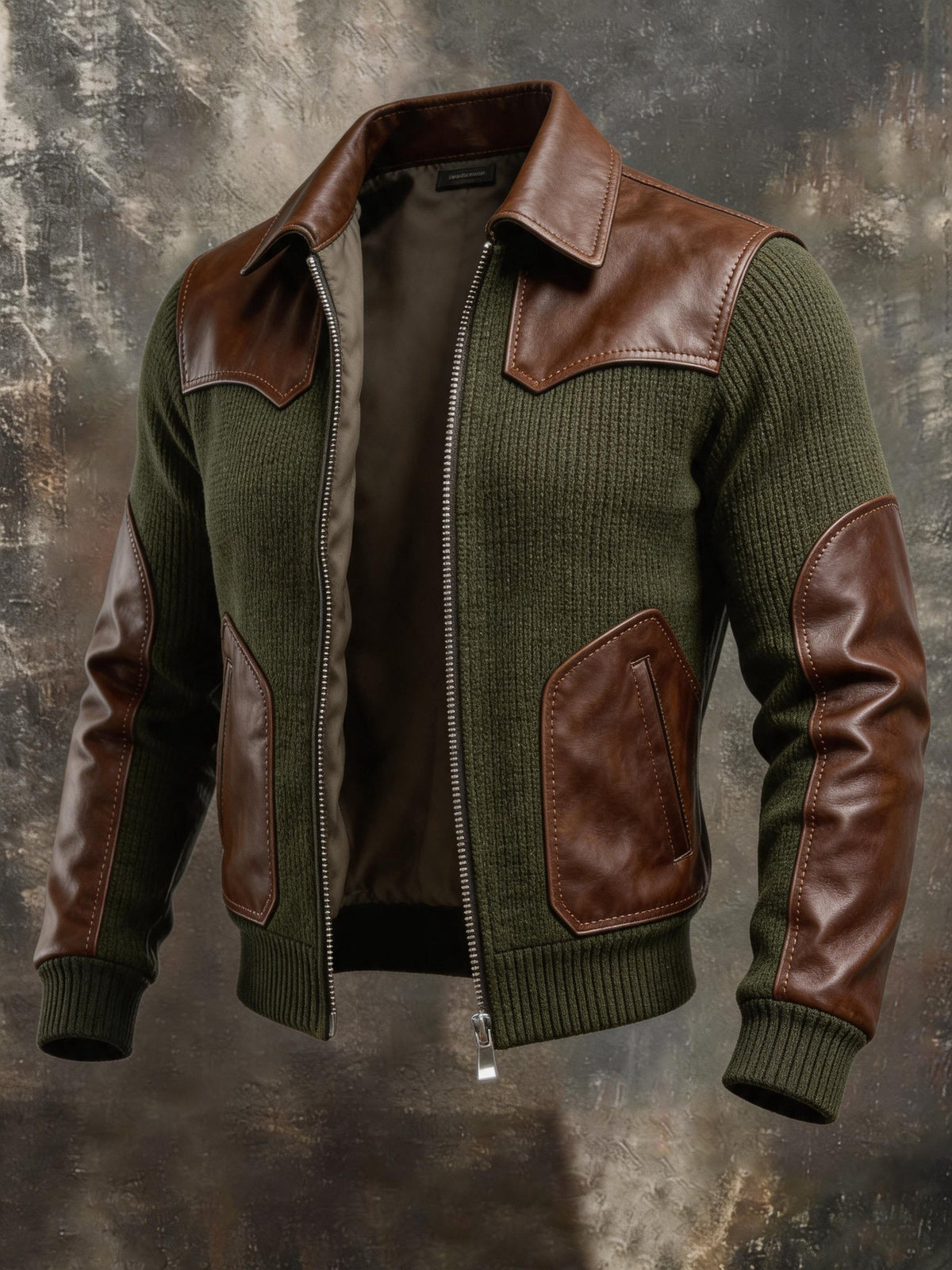 Men's Retro Leather-Panel Zip-Up Jacket with Lapel Collar