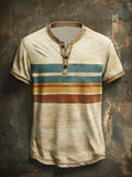 Men's casual Henley shirt with vintage stripe print and short sleeves