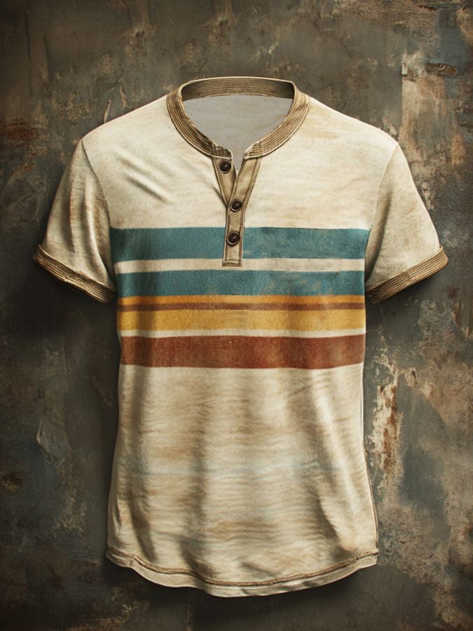 Men's casual Henley shirt with vintage stripe print and short sleeves