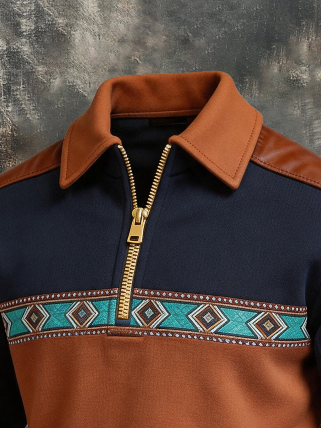 Men's Retro Color Block Print Color-Blocked Zip-Up Sweatshirt