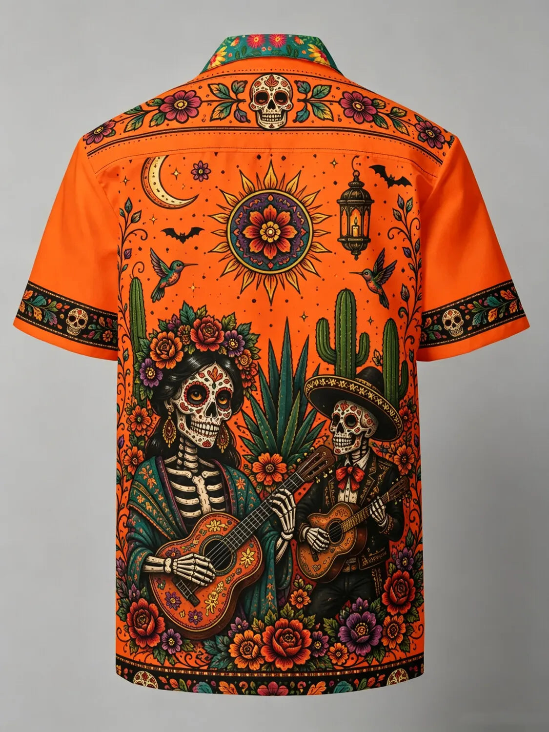 Men's Day Of The Dead Skeleton Dancer Vine Bloom Print Cuban Collar Short Sleeve Shirt
