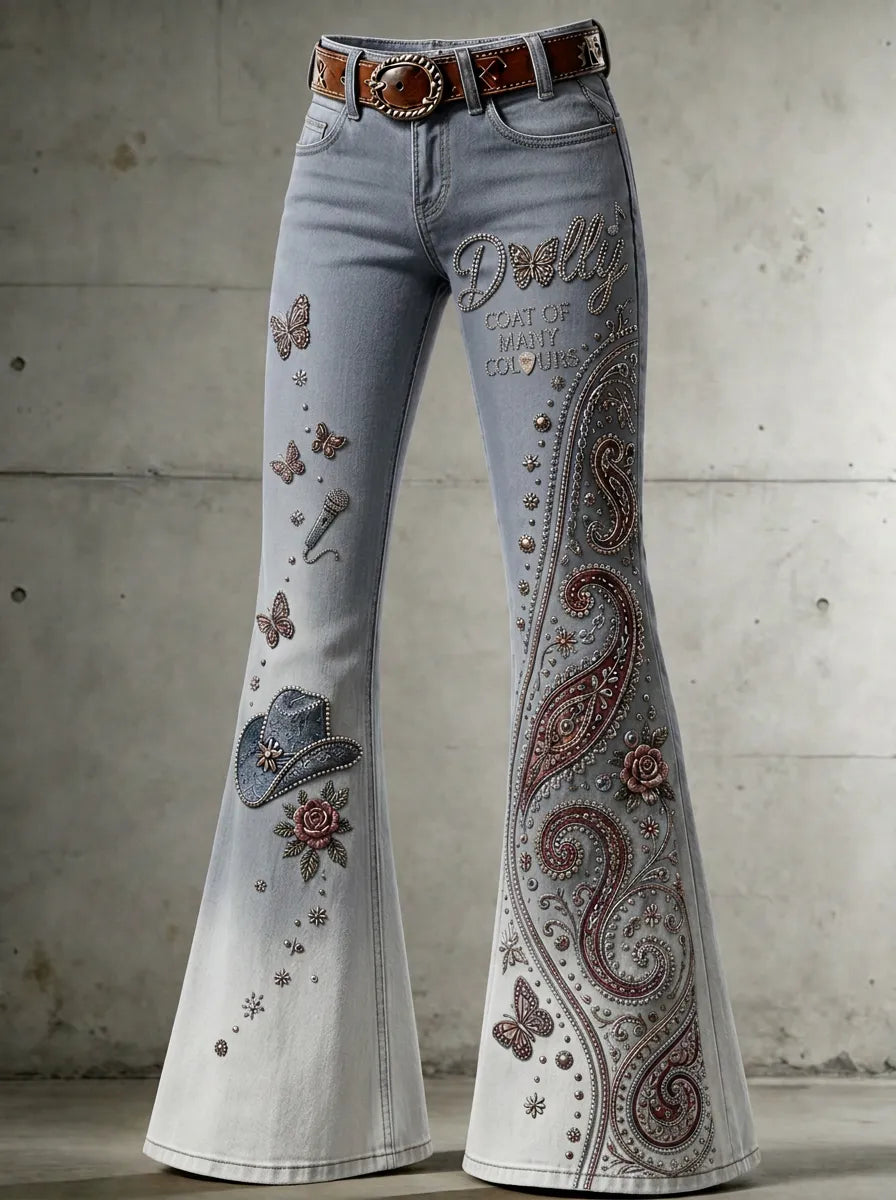 Women's Dolly Parton Coat of Many Colours Paisley Butterfly Printed Flare Jeans