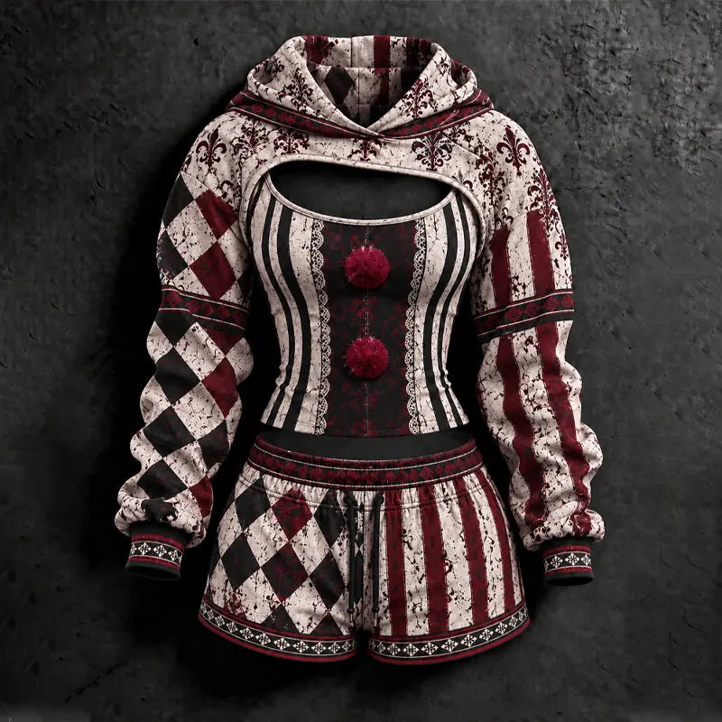 Women's Halloween Striped Plaid Playing Card Print Hoodie And Vest Shorts Three-piece Set