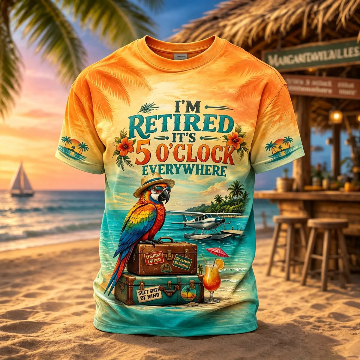 Men's I'm Retired It's 5 O'clock Everywhere Parrot Print Casual Tee