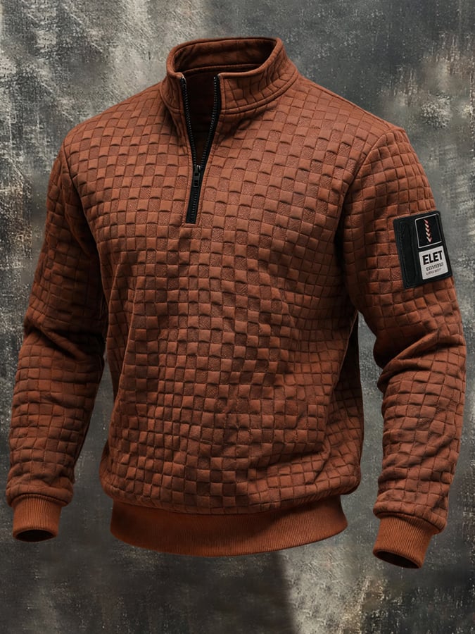 Men's Retro Textured Check Zip-Neck Sweatshirt