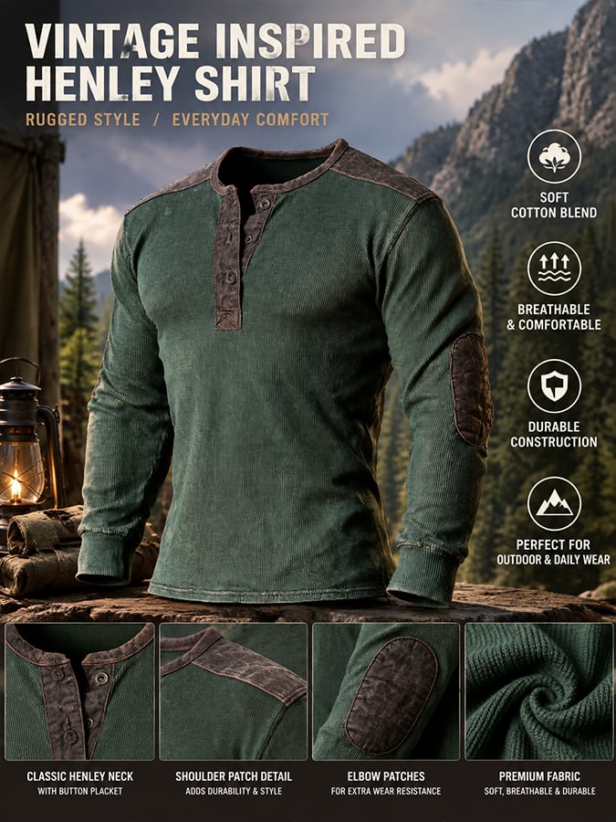 Men's Vintage Comfortable Pure Cotton Color-Block Henley T-Shirt