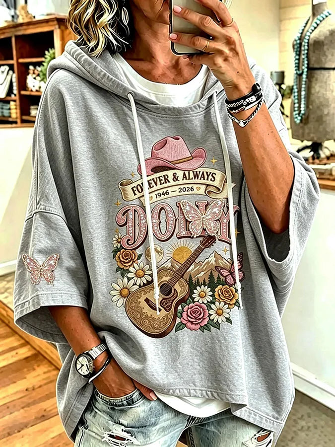Women's commemorative printed round neck hooded sweatshirt
