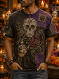Men's Day Of The Dead Sugar Skull Rose Musician Skeleton Print Crew Neck T-shirt