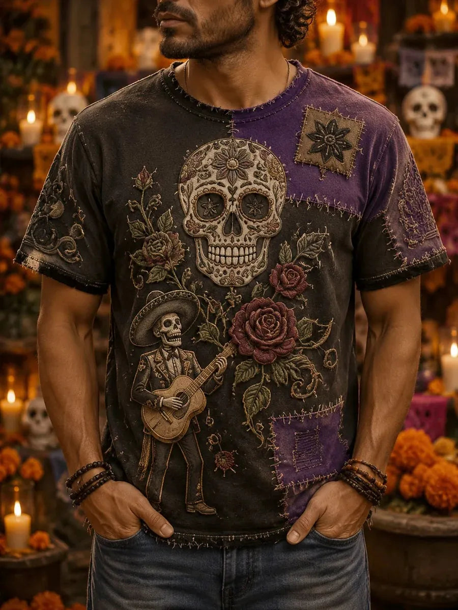 Men's Day Of The Dead Sugar Skull Rose Musician Skeleton Print Crew Neck T-shirt