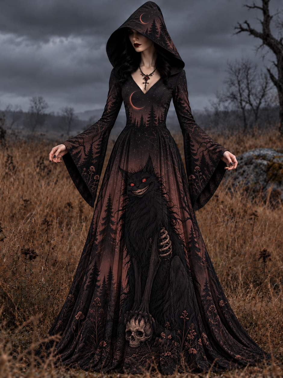 Women's Black Cat Halloween Art Long-sleeve Hooded Long Dress
