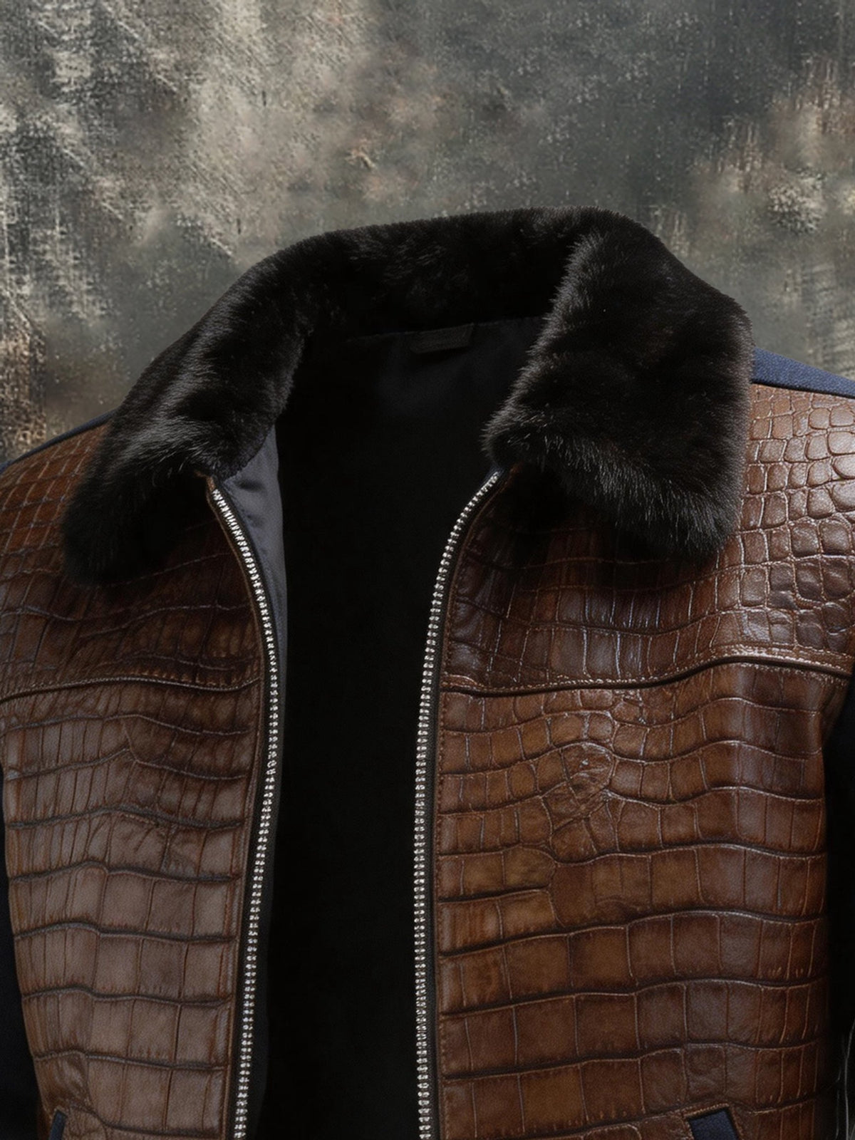 Men’s Vintage-Style Faux Leather Jacket with Crocodile-Texture Panels and Color-Block Design