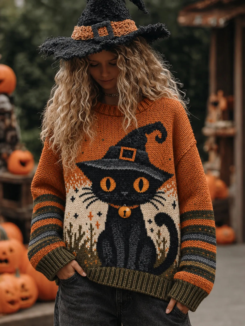 Women's Halloween Pumpkin Cat Print Knitted Comfort Round Neck Sweater