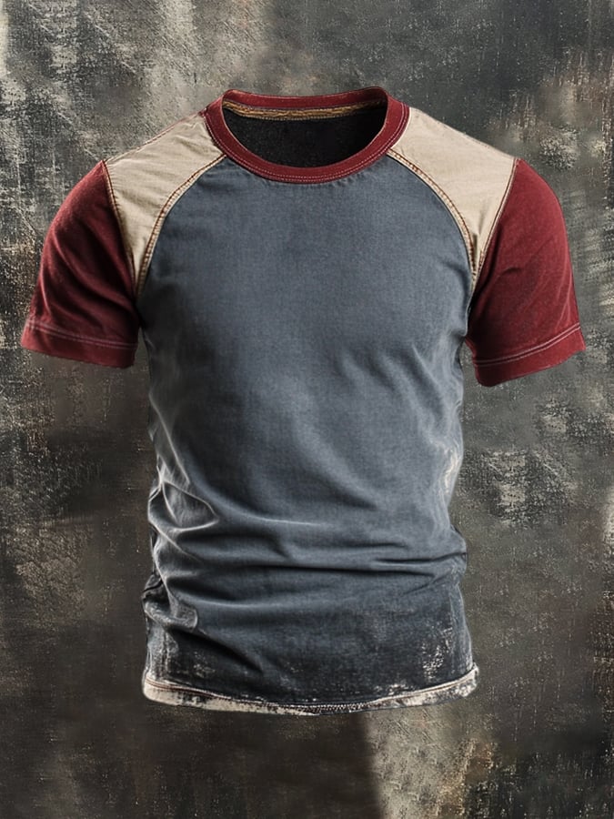 Men's round neck short sleeve t-shirt in retro color block design