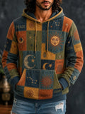 Men's Bohemian Quilted Square Sun Face Crescent Star Text Print Hoodies