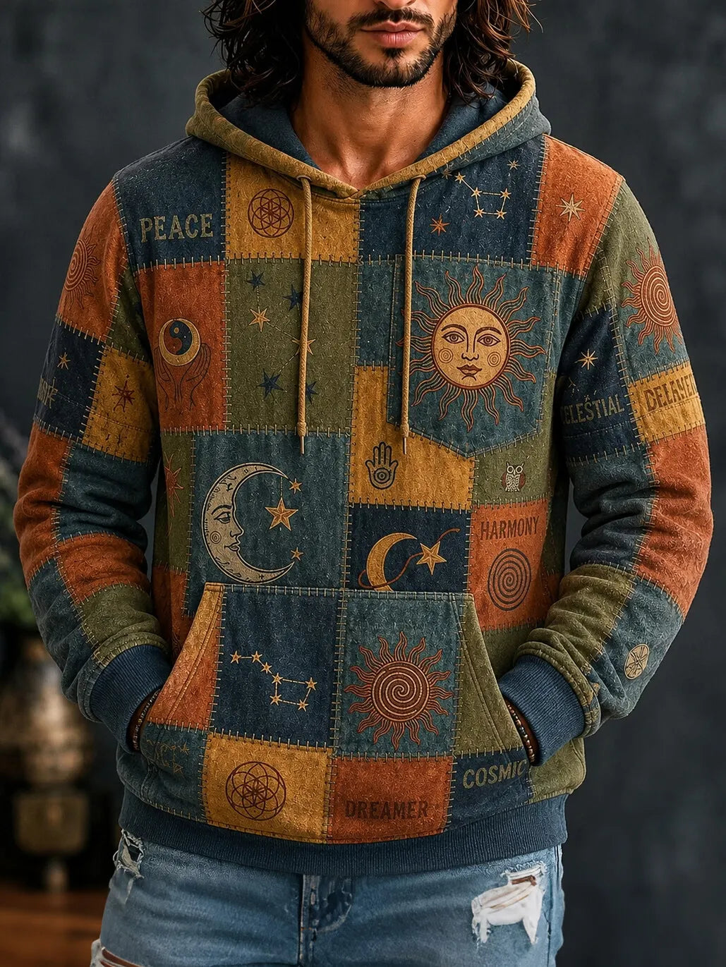 Men's Bohemian Quilted Square Sun Face Crescent Star Text Print Hoodies
