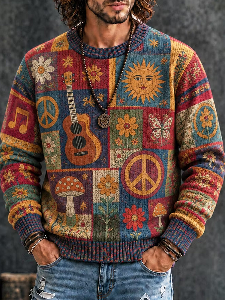 Men's Retro Hippie Peace Sign Guitar Flower Print Round Neck Sweater
