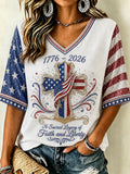 Women's Independence Day Faith Flag Print V Neck Linen Blend T-shirt