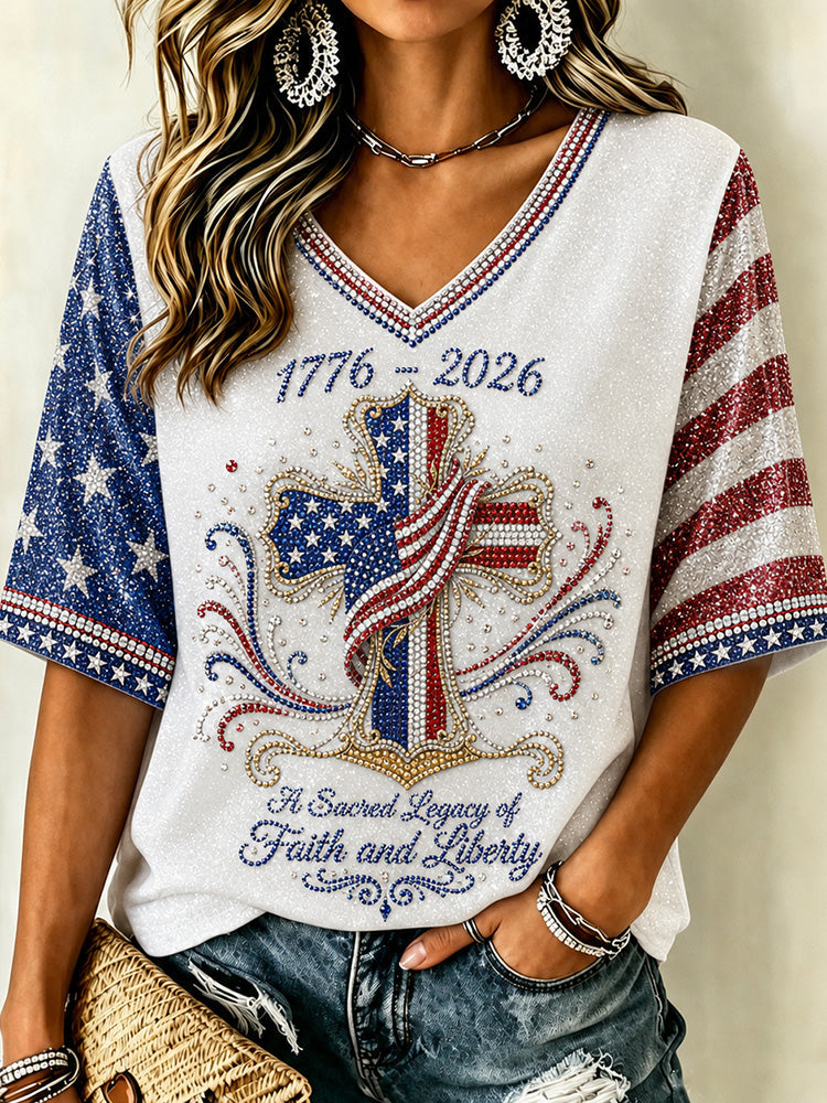 Women's Independence Day Faith Flag Print V Neck Linen Blend T-shirt