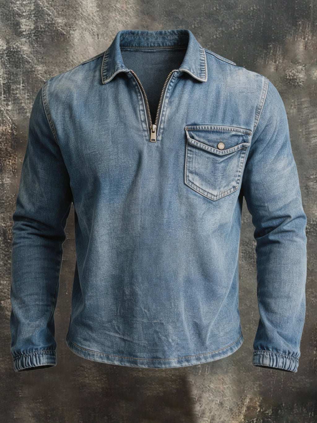 Men's Vintage-Wash Distressed Denim Half-Zip Long-Sleeve Top