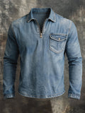 Men's Vintage-Wash Distressed Denim Half-Zip Long-Sleeve Top