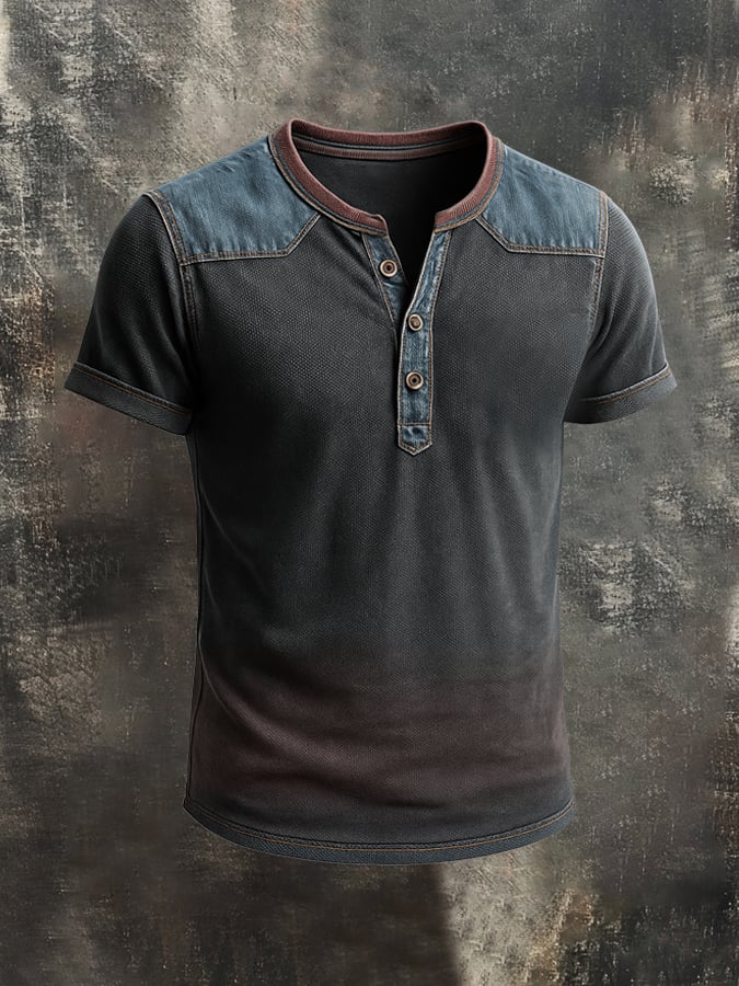 Men's T-shirt with contrasting seams in washed cotton and short sleeves by Henry