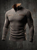 Men’s Vintage Quarter‐Zip | Faux‐Leather Pocket Rugged Long‐Sleeve