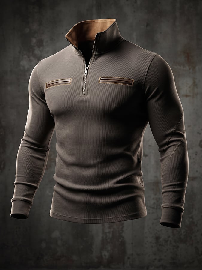Men’s Vintage Quarter‐Zip | Faux‐Leather Pocket Rugged Long‐Sleeve