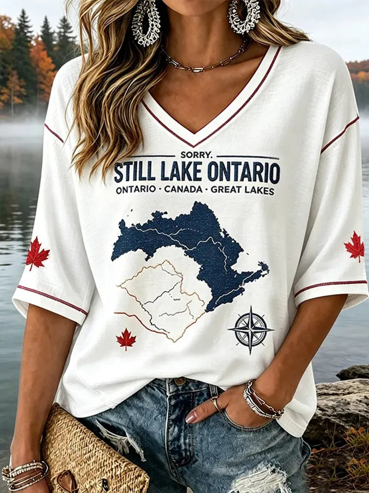 Women’s "always Lake Ontario" Comfortable Mid-length Sleeves V-neck T-shirt