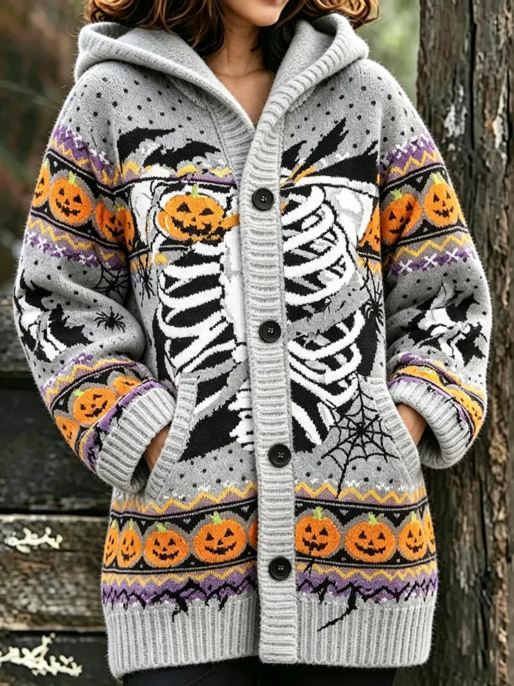 Women's Halloween Skeleton Pumpkin Skull Print Hooded Cardigan Sweater