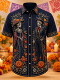 Men's Day Of The Dead Elegant Skeleton Couple And Lush Marigold Blooms Print Short Sleeve Buttons Shirt