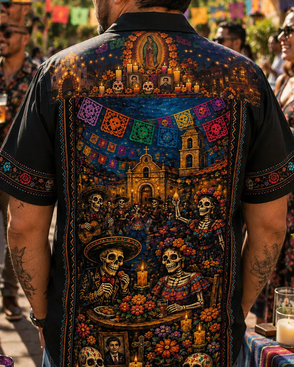 Men's Ornate Floral Trim Skeleton Dancer Musician Print Cuban Collar Short Sleeve Shirt