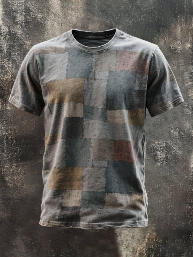 Men's retro washed color block round neck short sleeve t-shirt