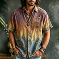 Men's Sun Moon Star Celestial Gradient Print Short Sleeve Buttons Shirt