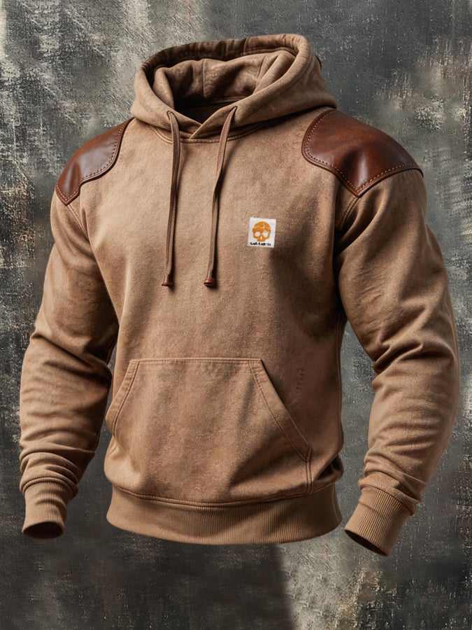 Men'S Retro Color-Block Hoodie With Leather Paneling