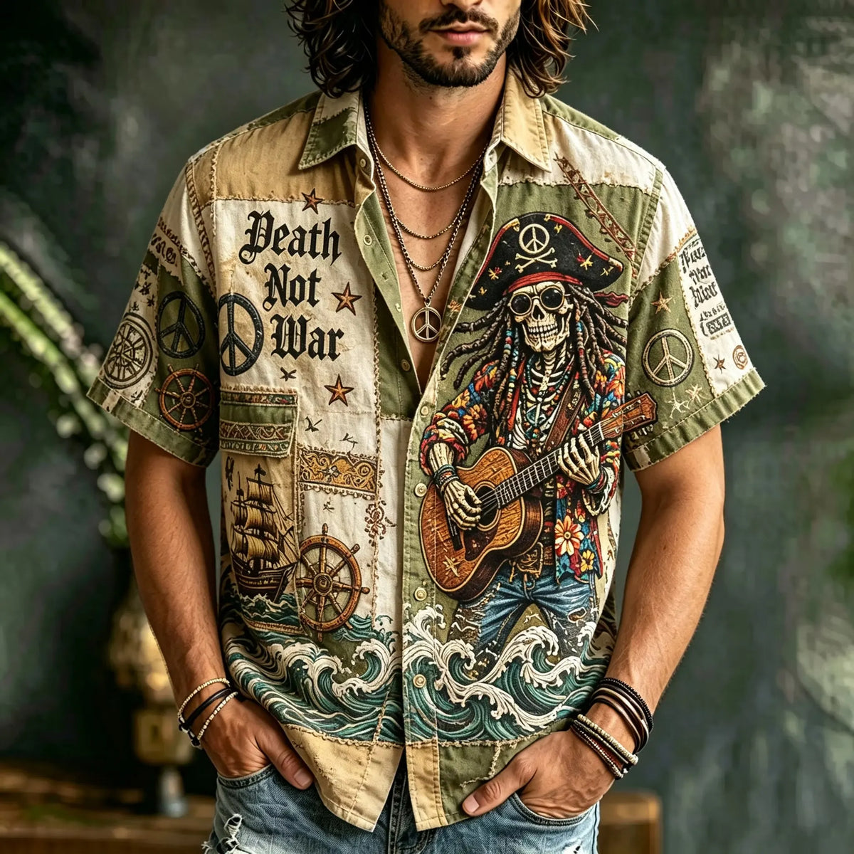 Men's Nautical Peace Star Square Print Short Sleeve Buttons Shirt