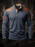 Men's Vintage-Style Henley T-Shirt with Leather Shoulder Panels