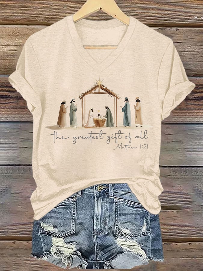 V-Neck Retro Christmas The Greatest Gift Of All Is Jesus Matthew 1:21 Print T-Shirt