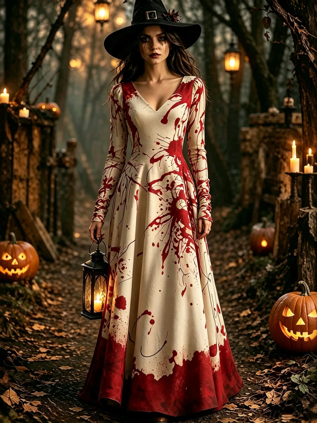 Women's Halloween Bloodstain Print V-neck Maxi Dress