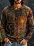 Men's Vintage Boho Block‐Divided Cosmic Nature Graphics Print Round Neck Sweater