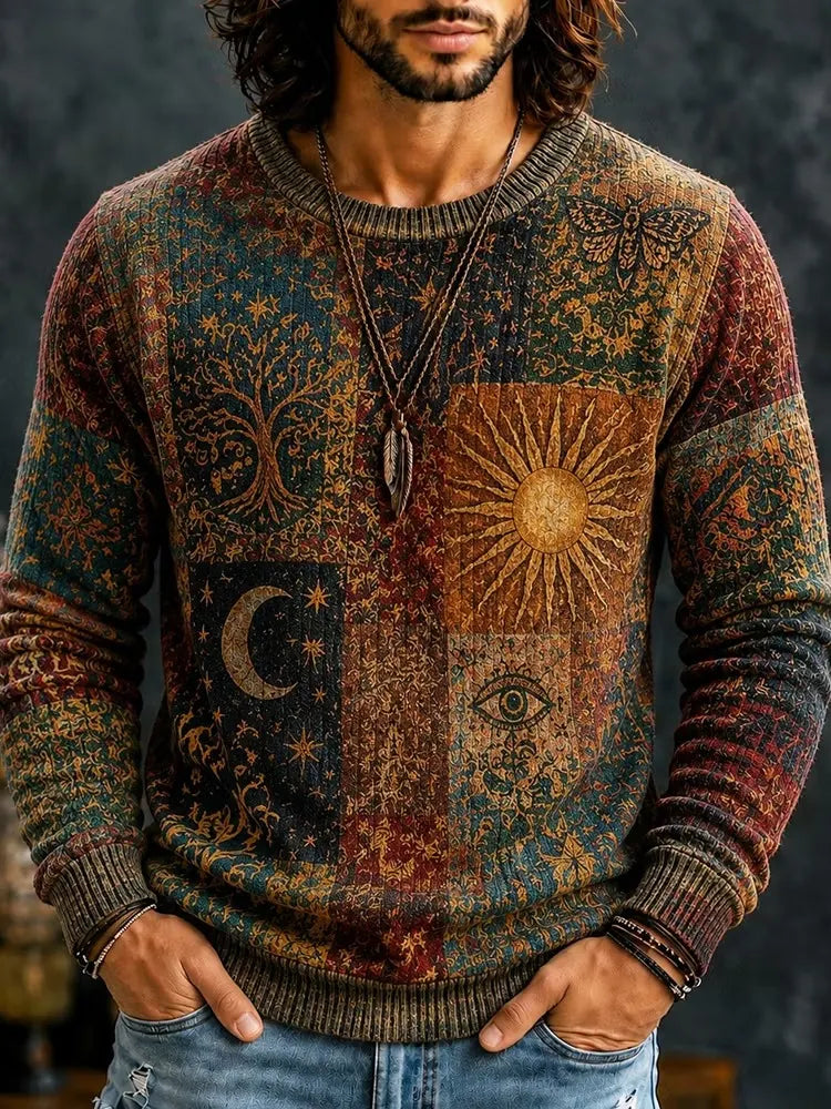 Men's Vintage Boho Block‐Divided Cosmic Nature Graphics Print Round Neck Sweater