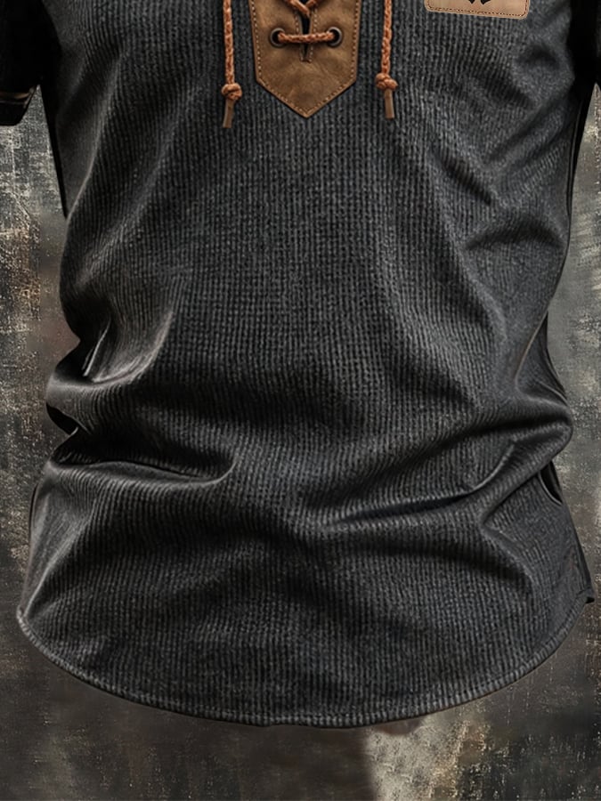 Men's Retro Ribbed-Knit Stretch T-Shirt with Leather-Trimmed Lace-Up Neckline