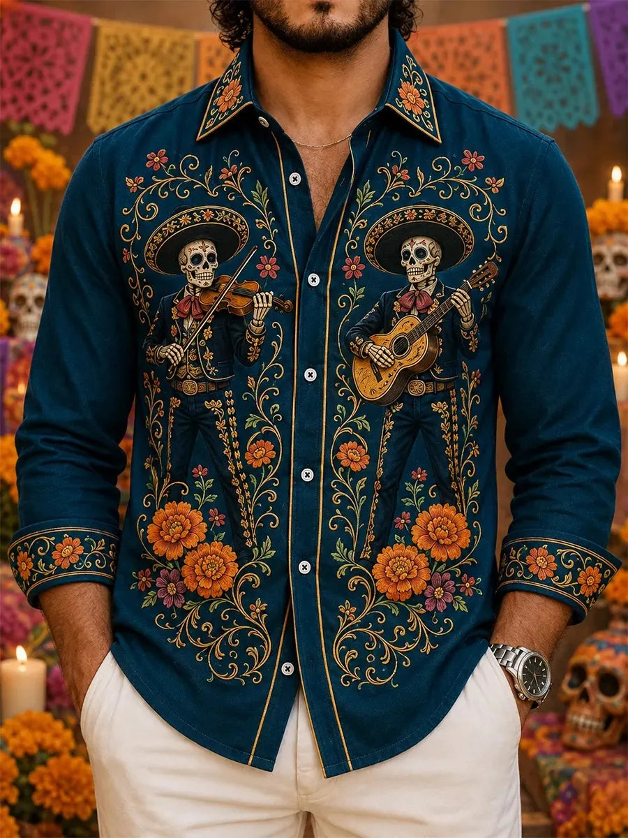 Men's Day Of The Dead Skeleton Musicians With Violin And Guitar Print Shirt