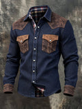 Men's Vintage Western-Style Paneled Faux Suede Long-Sleeve Shirt