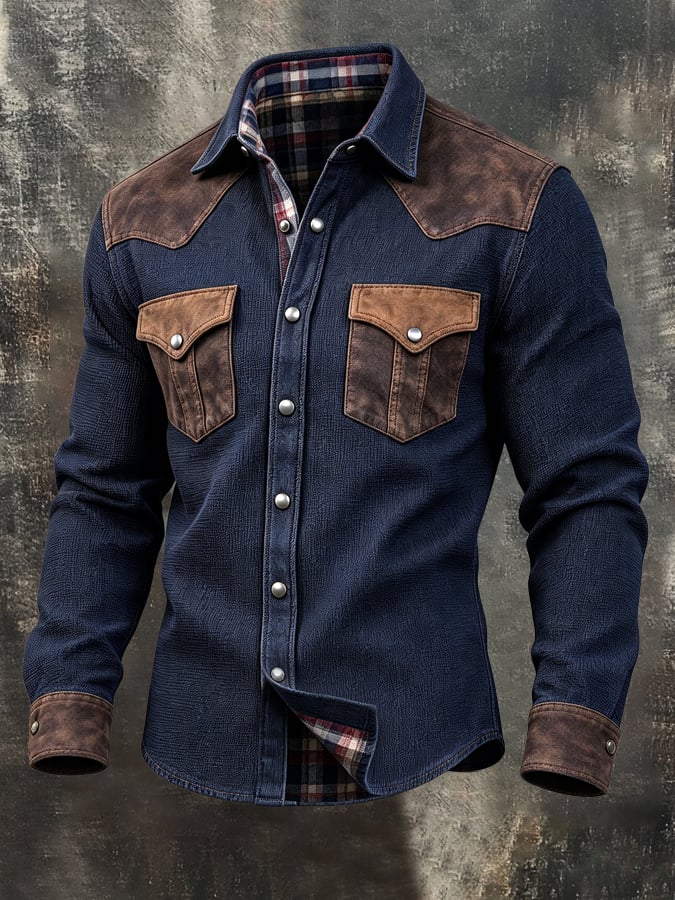 Men's Vintage Western-Style Paneled Faux Suede Long-Sleeve Shirt