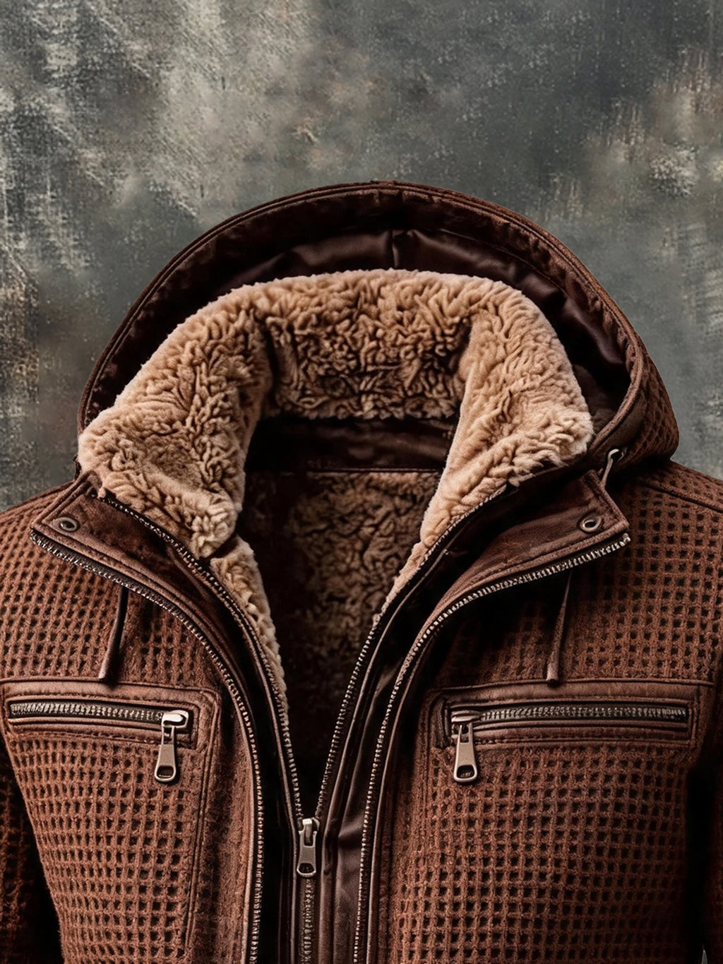 Men's Retro Waffle-Knit & Plush Patchwork Thermal Faux-Layered Jacket